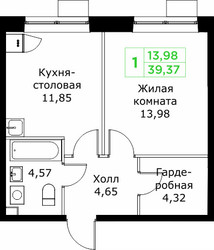 Планировка однокомнатной(квартира) площадью 39.37 квадратных метров в ЖК “ЖК КИТ 2”
