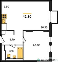 Планировка однокомнатной(квартира) площадью 42.8 квадратных метров в “ЖК Мытищи Парк”