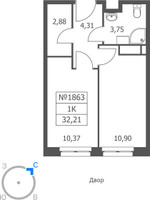 Планировка однокомнатной(апартаменты) площадью 32.21 квадратных метров в “ЖК Волковская 67”