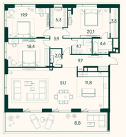 Планировка трехкомнатной(квартира) площадью 165.6 квадратных метров в “ЖК Клубный город на реке Primavera (Примавера)”