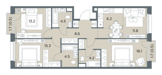 Планировка 4+ комнатной(квартира) площадью 87.4 квадратных метров в “ЖК Станиславский”
