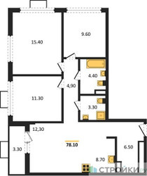 Планировка трехкомнатной(квартира) площадью 78.1 квадратных метров в ЖК “ЖК Бунинские кварталы”
