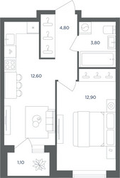 Планировка однокомнатной(квартира) площадью 53.5 квадратных метров в ЖК “ЖК Равновесие”
