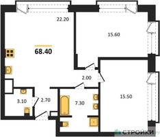 Планировка двухкомнатной(квартира) площадью 68.4 квадратных метров в “ЖК The LAKE (Лэйк)”