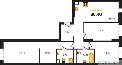 Планировка трехкомнатной(квартира) площадью 80.4 квадратных метров в ЖК “ЖК Детали”