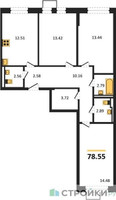 Планировка трехкомнатной(квартира) площадью 78.55 квадратных метров в “ЖК Егорово Парк”