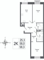 Планировка двухкомнатной(квартира) площадью 58 квадратных метров в “ЖК КИНОКВАРТАЛ”