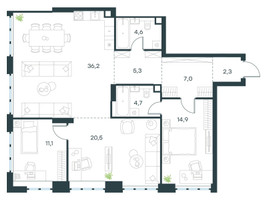 Планировка трехкомнатной(квартира) площадью 106.6 квадратных метров в “ЖК Левел Южнопортовая”