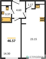 Планировка однокомнатной(апартаменты) площадью 46.57 квадратных метров в ЖК “ЖК Пятницкое 58 (Перец)”