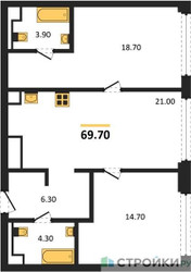 Планировка двухкомнатной(квартира) площадью 69.7 квадратных метров в ЖК “ЖК СТОУН Грэйн”