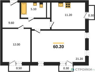 Планировка двухкомнатной(квартира) площадью 60.2 квадратных метров в ЖК “ЖК Южная Долина”