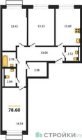 Планировка трехкомнатной(квартира) площадью 78.6 квадратных метров в “ЖК Рублевский Квартал”