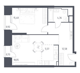 Планировка однокомнатной(апартаменты) площадью 57.69 квадратных метров в ЖК “ЖК Скай Спутник”