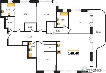 Планировка 4+ комнате(квартира) площадью 148.4 квадратных метров в “ЖК Остров”