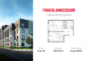 Планировка двухкомнатной(квартира) площадью 33.73 квадратных метров в “ЖК Аникеевский”