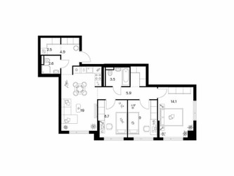 Планировка трехкомнатной(квартира) площадью 73 квадратных метров в ЖК “ЖК Середневский лес”