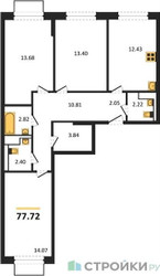 Планировка трехкомнатной(квартира) площадью 77.72 квадратных метров в ЖК “ЖК Томилино Парк”