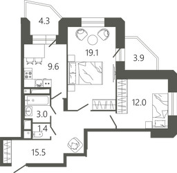 Планировка двухкомнатной(квартира) площадью 64.7 квадратных метров в ЖК “ЖК Советская 18”