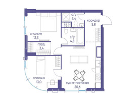 Планировка двухкомнатной(квартира) площадью 64.3 квадратных метров в “ЖК Событие”