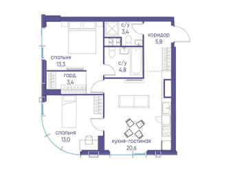 Планировка двухкомнатной(квартира) площадью 64.3 квадратных метров в ЖК “ЖК Событие”