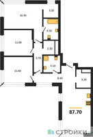 Планировка трехкомнатной(квартира) площадью 87.7 квадратных метров в “Кутузов Сити”