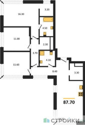 Планировка трехкомнатной(квартира) площадью 87.7 квадратных метров в ЖК “Кутузов Сити”