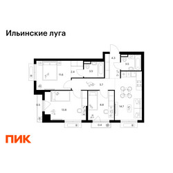 Планировка трехкомнатной(квартира) площадью 69.2 квадратных метров в ЖК “ЖК Ильинские луга”