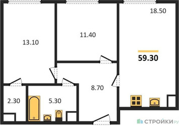 Планировка двухкомнатной(квартира) площадью 59.4 квадратных метров в ЖК “ЖК Воксхолл”