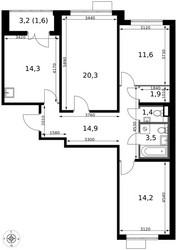 Планировка трехкомнатной(квартира) площадью 83.7 квадратных метров в ЖК “ЖК 1-й Саларьевский (Первый Саларьевский)”