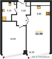 Планировка однокомнатной(квартира) площадью 52.9 квадратных метров в “ЖК High Life (Хай Лайф)”