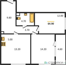 Планировка двухкомнатной(квартира) площадью 64.9 квадратных метров в ЖК “Жилой квартал Новое Медведково”