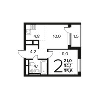 Планировка двухкомнатной(квартира) площадью 35.6 квадратных метров в “Новые Ватутинки. Заречный”
