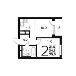 Планировка двухкомнатной(квартира) площадью 35.6 квадратных метров в ЖК “Новые Ватутинки. Заречный”