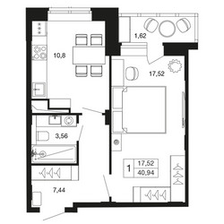 Планировка однокомнатной(квартира) площадью 40.9 квадратных метров в ЖК “ЖК Времена года”