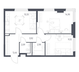 Планировка двухкомнатной(квартира) площадью 53.81 квадратных метров в ЖК “ЖК Пригород Лесное”