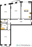 Планировка трехкомнатной(квартира) площадью 96.6 квадратных метров в “ЖК Эльйон”