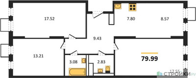 Планировка трехкомнатной(квартира) площадью 79.99 квадратных метров в ЖК “ЖК Молжаниново”