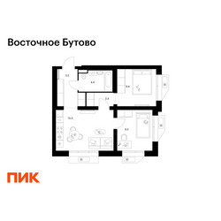 Планировка двухкомнатной(квартира) площадью 46.3 квадратных метров в ЖК “ЖК Восточное Бутово”