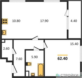 Планировка однокомнатной(квартира) площадью 62.4 квадратных метров в ЖК “Жилой квартал Новое Медведково”