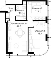 Планировка двухкомнатной(квартира) площадью 56.3 квадратных метров в “ЖК Сити Бэй”