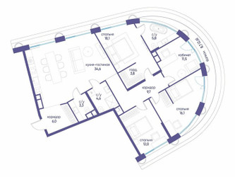 Планировка 4+ комнатной(квартира) площадью 124.72 квадратных метров в ЖК “ЖК Остров”