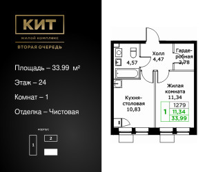 Планировка однокомнатной(квартира) площадью 33.99 квадратных метров в ЖК “ЖК КИТ 2”