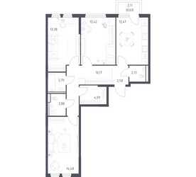 Планировка трехкомнатной(квартира) площадью 79.02 квадратных метров в ЖК “ЖК Пригород Лесное”