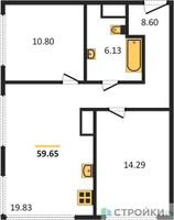 Планировка двухкомнатной(квартира) площадью 59.83 квадратных метров в “ЖК 1-й Нагатинский (Первый Нагатинский)”