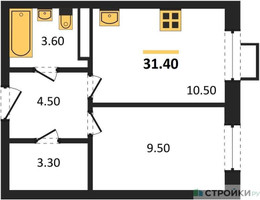 Планировка однокомнатной(квартира) площадью 31.4 квадратных метров в “ЖК ЭкоБунино (Южное Бунино)”