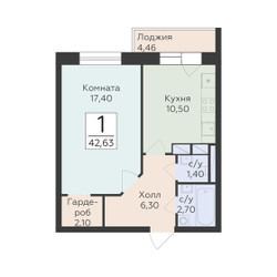 Планировка однокомнатной(квартира) площадью 42.63 квадратных метров в ЖК “ЖК Малаховский”