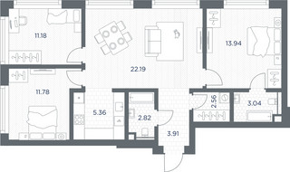 Планировка трехкомнатной(квартира) площадью 76.78 квадратных метров в “ЖК TATE (Тэйт)”
