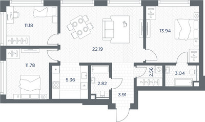 Планировка трехкомнатной(квартира) площадью 76.78 квадратных метров в ЖК “ЖК TATE (Тэйт)”
