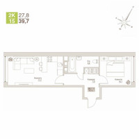 Планировка двухкомнатной(апартаменты) площадью 39.7 квадратных метров в “ЖК Влюберцы”