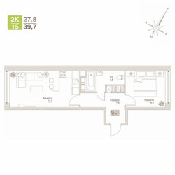 Планировка двухкомнатной(апартаменты) площадью 39.7 квадратных метров в ЖК “ЖК Влюберцы”
